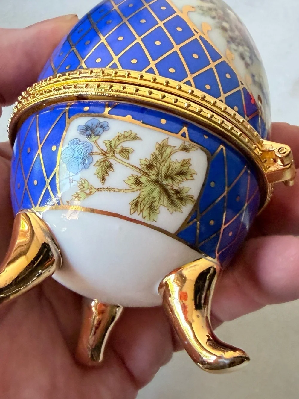 Blue Decorative Porcelain Egg Trinket Box with Gold Accents
